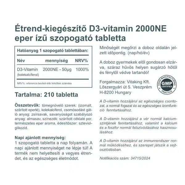 Vitaking D3-vitamin 2000NE szopogató tabletta - 210db 2 Vitaking D3-vitamin 2000NE szopogató tabletta - 210db - Image 2