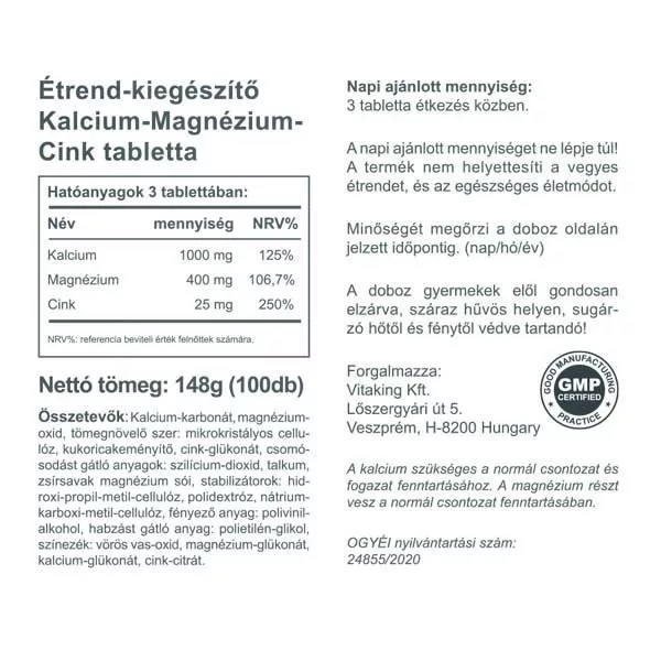Vitaking Kalcium + Magnézium + Cink tabletta - 100db 2 Vitaking Kalcium + Magnézium + Cink tabletta - 100db - Image 2