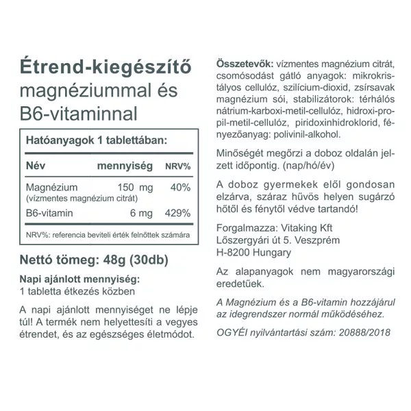Vitaking Magnesium Citrate 150mg + B6-vitamin tabletta - 30db 2 Vitaking Magnesium Citrate 150mg + B6-vitamin tabletta - 30db - Image 2