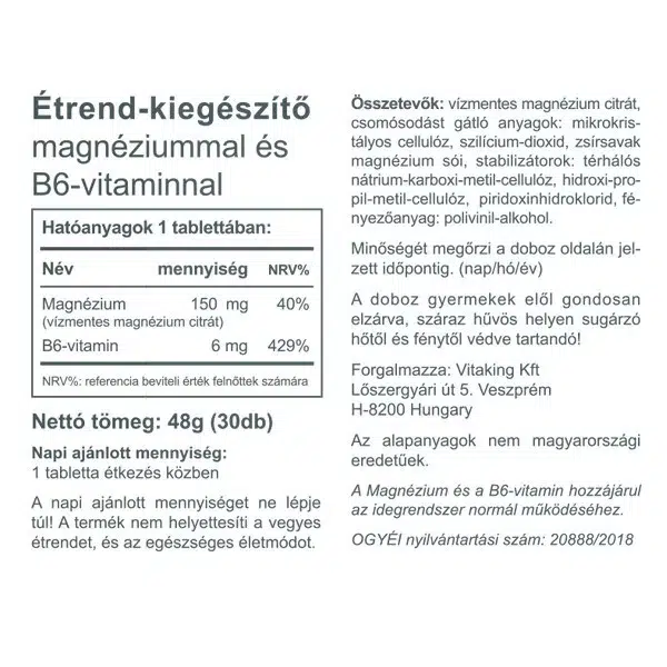 Vitaking Magnesium Citrate 150mg + B6-vitamin tabletta - 30db 2 Vitaking Magnesium Citrate 150mg + B6-vitamin tabletta - 30db - Image 2