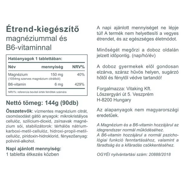 Vitaking Magnesium Citrate 150mg + B6-vitamin tabletta - 90db 2 Vitaking Magnesium Citrate 150mg + B6-vitamin tabletta - 90db - Image 2
