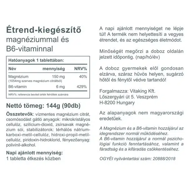 Vitaking Magnesium Citrate 150mg + B6-vitamin tabletta - 90db 2 Vitaking Magnesium Citrate 150mg + B6-vitamin tabletta - 90db - Image 2