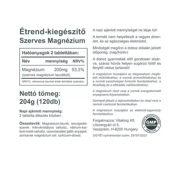 Vitaking Magnesium Taurate tabletta - 120db 2 Vitaking Magnesium Taurate tabletta - 120db - Image 2