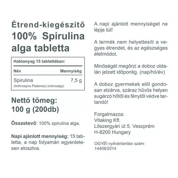 Vitaking 100% Spirulina alga tabletta - 200db 3 Vitaking 100% Spirulina alga tabletta - 200db - Image 3