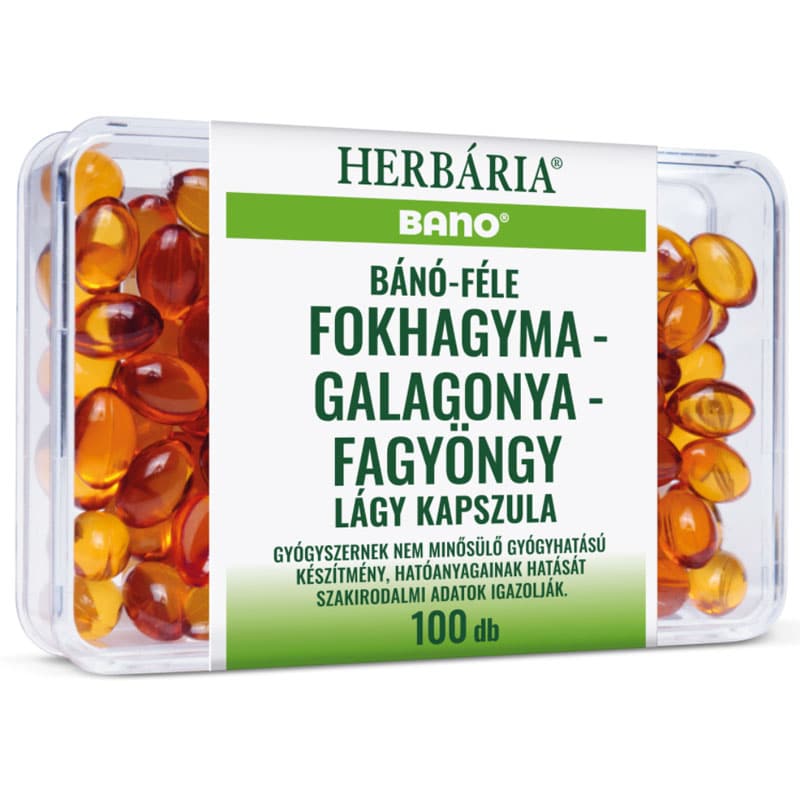 Herbária Bánó-féle fokhagyma-galagonya-fagyöngy kapszula - 100db 1 Herbária Bánó-féle fokhagyma-galagonya-fagyöngy kapszula - 100db