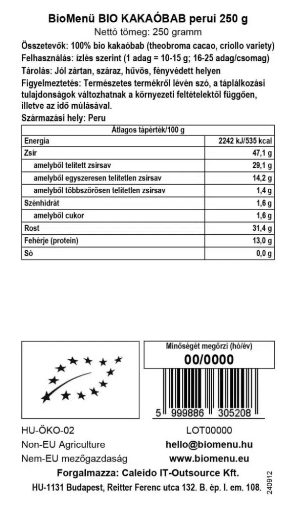 BioMenü Bio Perui kakaóbab - 250g 2 BioMenü Bio Perui kakaóbab - 250g - Image 2