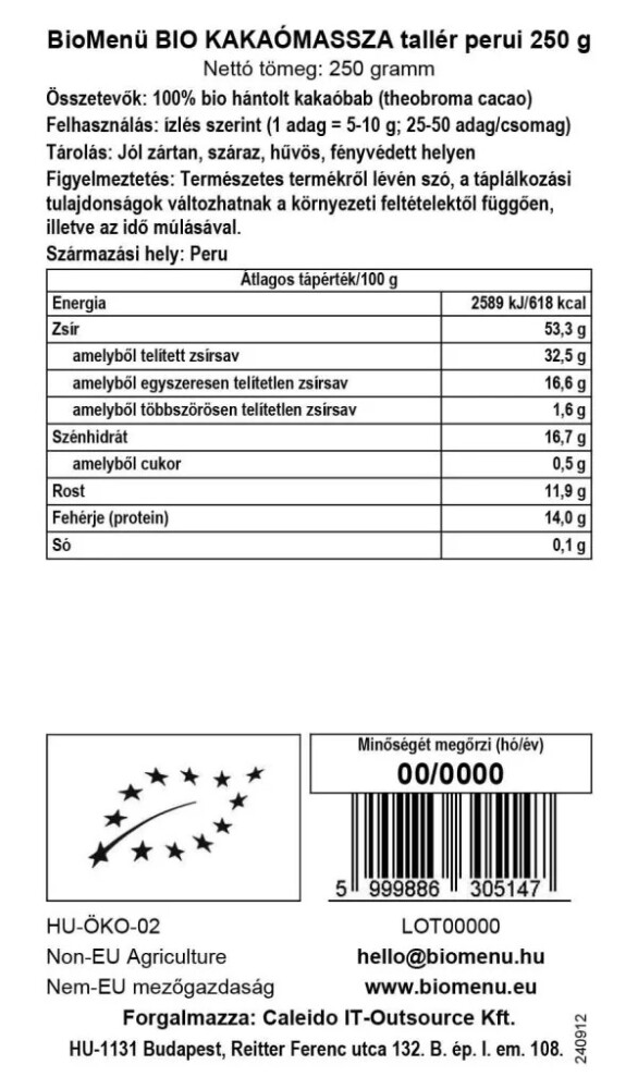 BioMenü Bio perui Kakaómassza tallér - 250g 2 BioMenü Bio perui Kakaómassza tallér - 250g - Image 2