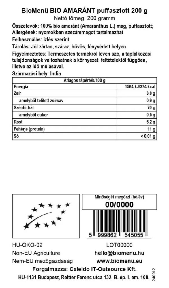 Biomenü Bio Amaránt puffasztott - 200g 2 Biomenü Bio Amaránt puffasztott - 200g - Image 2