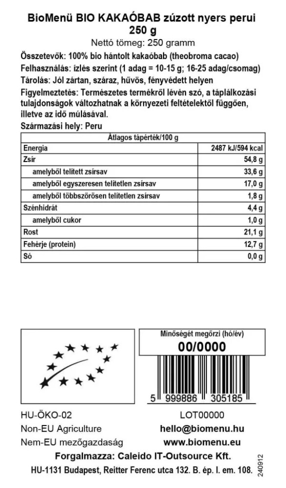 Biomenü Bio Perui zúzott, nyers kakaóbab - 250g 2 Biomenü Bio Perui zúzott, nyers kakaóbab - 250g - Image 2