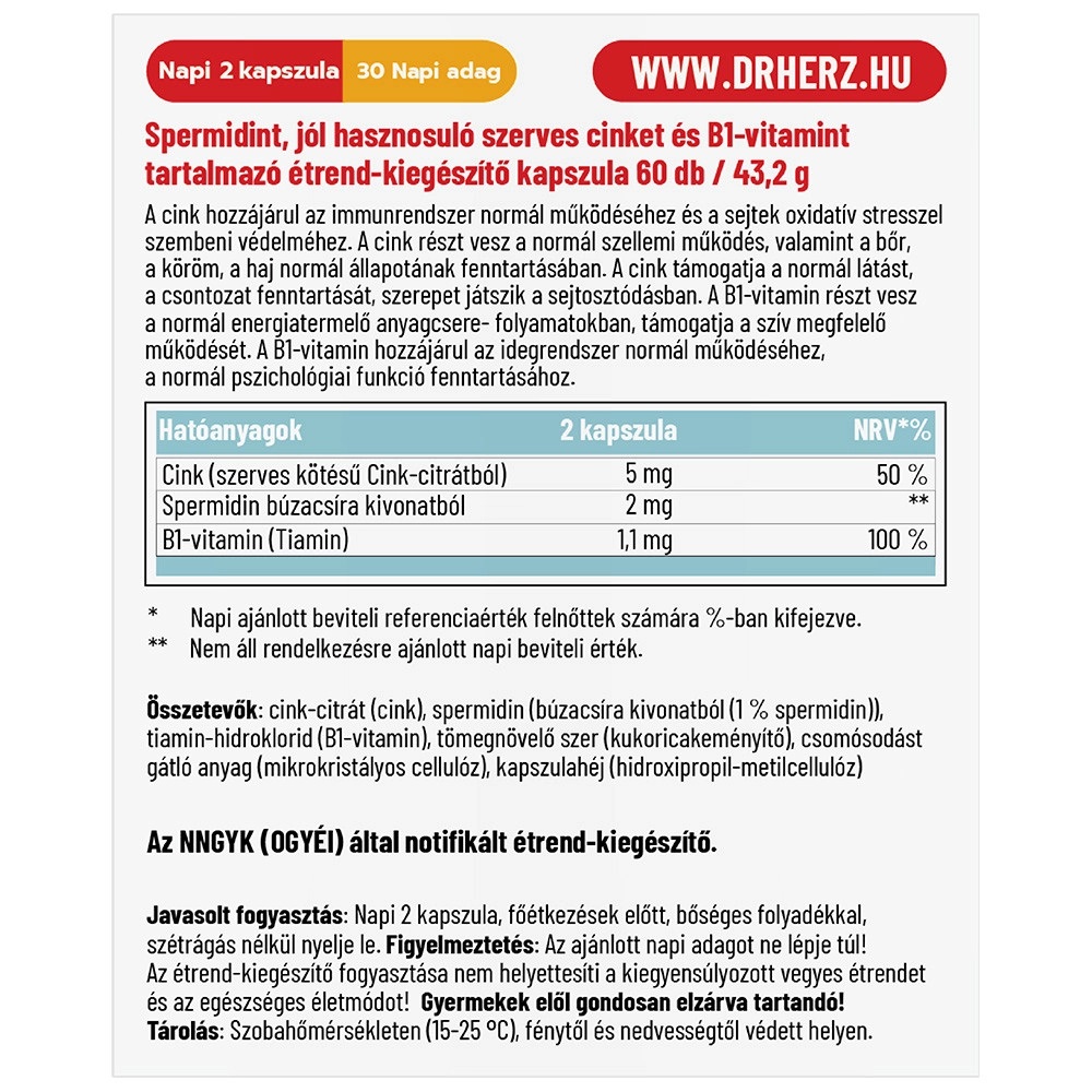 Dr. Herz Spermidin + B1-vitamin + Szerves Cink kapszula - 60db 2 Dr. Herz Spermidin + B1-vitamin + Szerves Cink kapszula - 60db - Image 2
