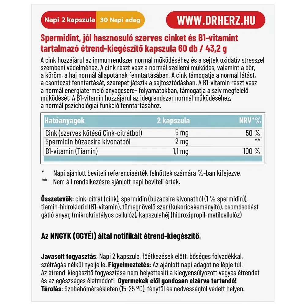Dr. Herz Spermidin + B1-vitamin + Szerves Cink kapszula - 60db 2 Dr. Herz Spermidin + B1-vitamin + Szerves Cink kapszula - 60db - Image 2