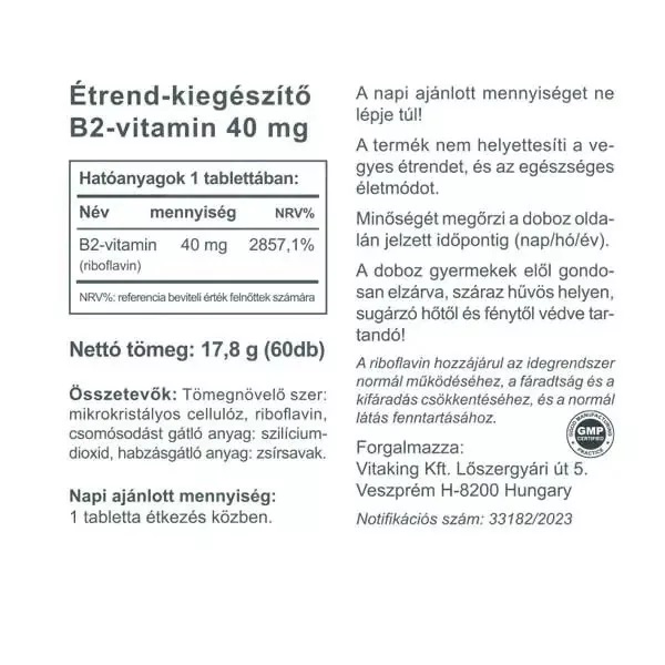Vitaking B2-vitamin (Riboflavin) tabletta - 60db 2 Vitaking B2-vitamin (Riboflavin) tabletta - 60db - Image 2