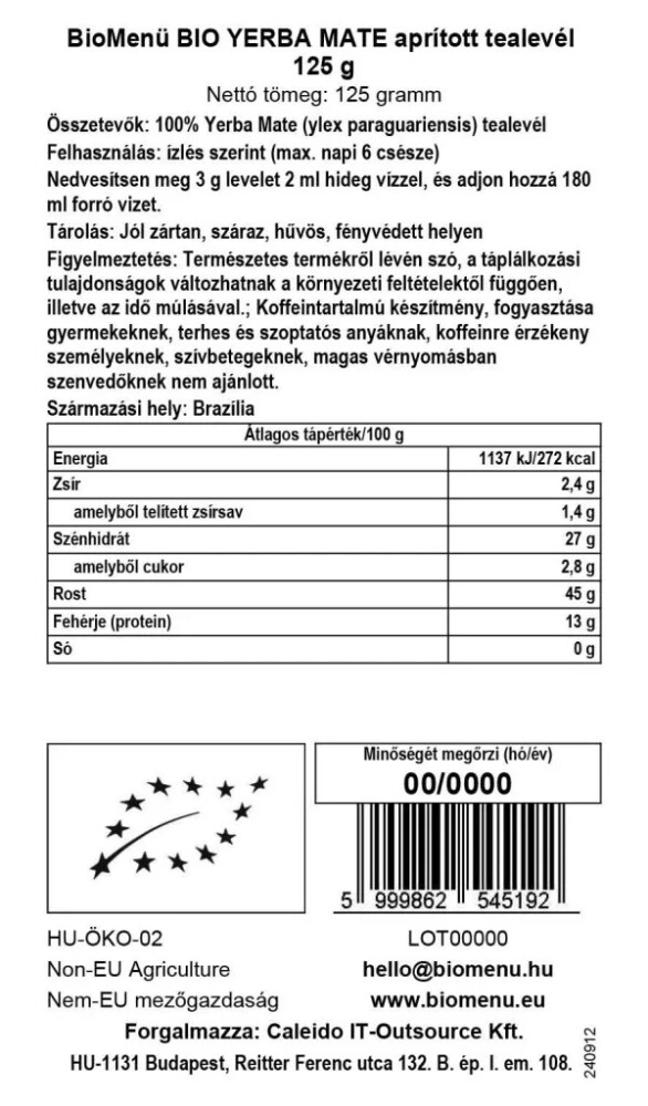 Biomenü Bio Yerba Mate aprított tealevél - 125g 2 Biomenü Bio Yerba Mate aprított tealevél - 125g - Image 2