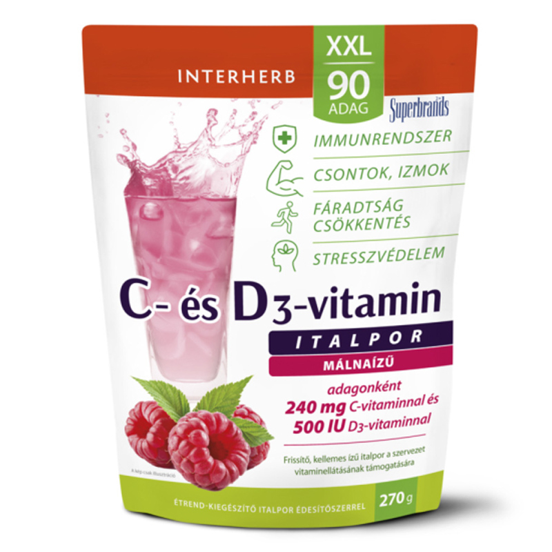 Interherb XXL C+D3-vitamin málnás italpor - 270g 1 Interherb XXL C+D3-vitamin málnás italpor - 270g
