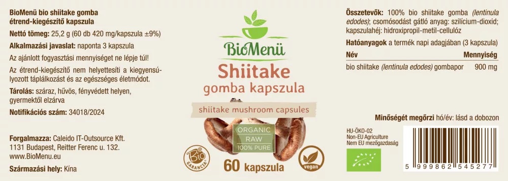 Biomenü Bio Shiitake gomba kapszula - 60db 2 Biomenü Bio Shiitake gomba kapszula - 60db - Image 2