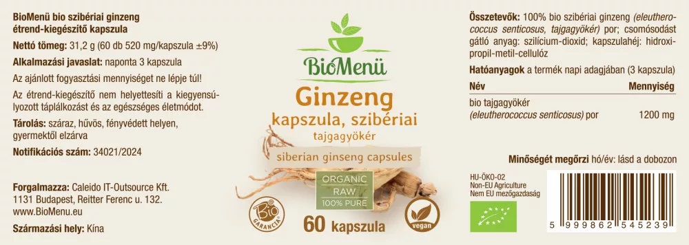 Biomenü Szibériai Ginzeng (Ginseng) kapszula - 60db 2 Biomenü Szibériai Ginzeng (Ginseng) kapszula - 60db - Image 2