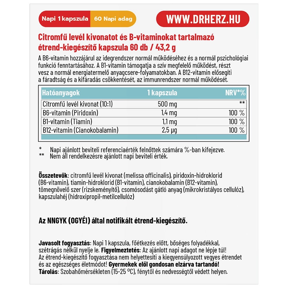 Dr. Herz Citromfű 500mg + B-vitaminok kapszula - 60db 2 Dr. Herz Citromfű 500mg + B-vitaminok kapszula - 60db - Image 2