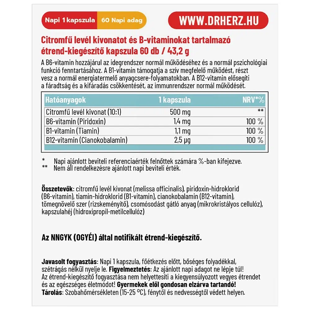 Dr. Herz Citromfű 500mg + B-vitaminok kapszula - 60db 2 Dr. Herz Citromfű 500mg + B-vitaminok kapszula - 60db - Image 2