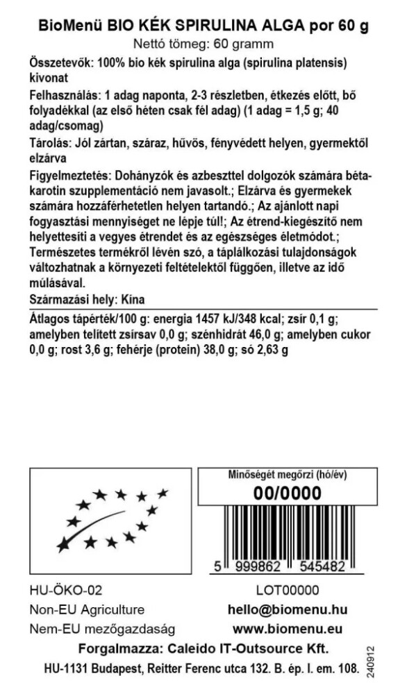 Biomenü Bio Kék Spirulina alga por - 60g 2 Biomenü Bio Kék Spirulina alga por - 60g - Image 2