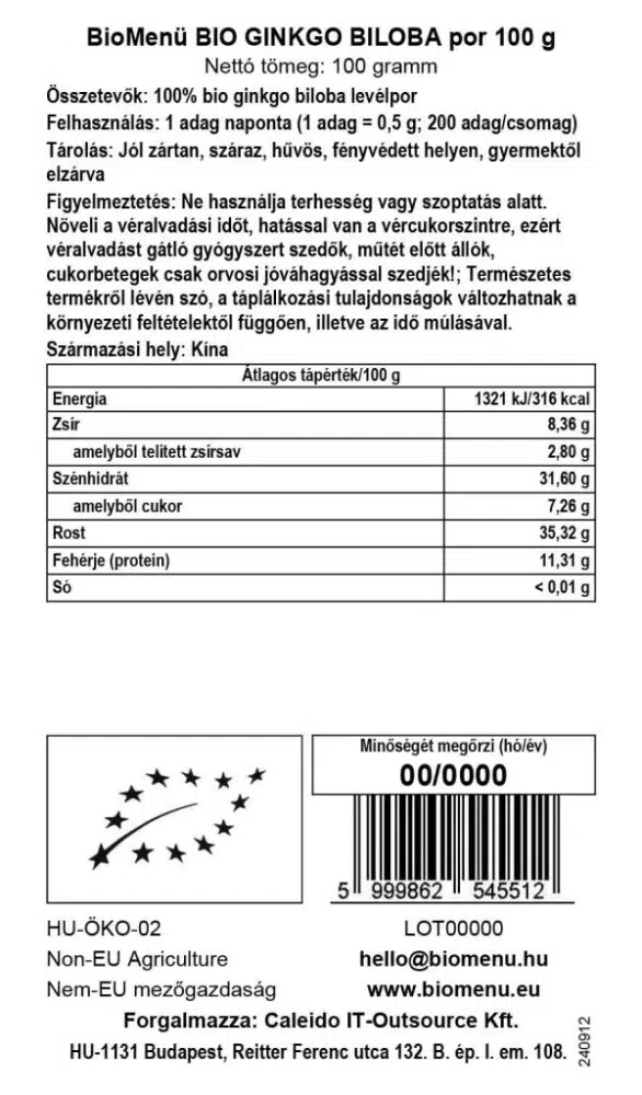 Biomenü Bio Ginkgo Biloba por - 100g 2 Biomenü Bio Ginkgo Biloba por - 100g - Image 2