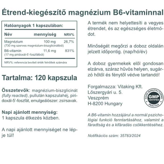Vitaking Magnézium Biszglicinát + P5P (B6-vitamin) kapszula - 120db 3 Vitaking Magnézium Biszglicinát + P5P (B6-vitamin) kapszula - 120db - Image 3