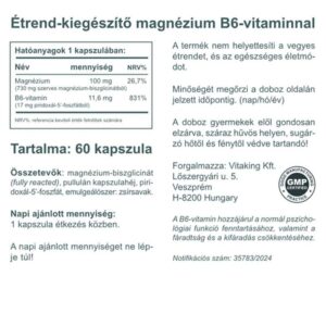 Vitaking Magnézium Biszglicinát + P5P (B6-vitamin) kapszula - 60db 5 Vitaking Magnézium Biszglicinát + P5P (B6-vitamin) kapszula - 60db - Image 3