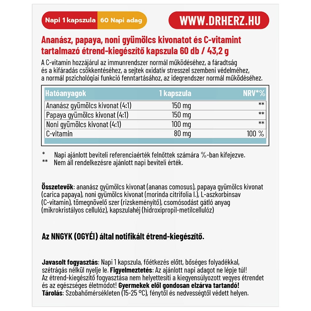 Dr. Herz Ananász+Papaya+Noni+C-vitamin kapszula - 60db 2 Dr. Herz Ananász+Papaya+Noni+C-vitamin kapszula - 60db - Image 2