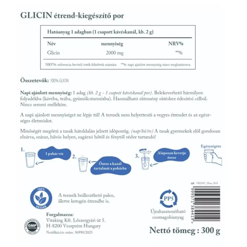 Vitaking Glicin TASAKOS italpor - 300g 2 Vitaking Glicin TASAKOS italpor - 300g - Image 2