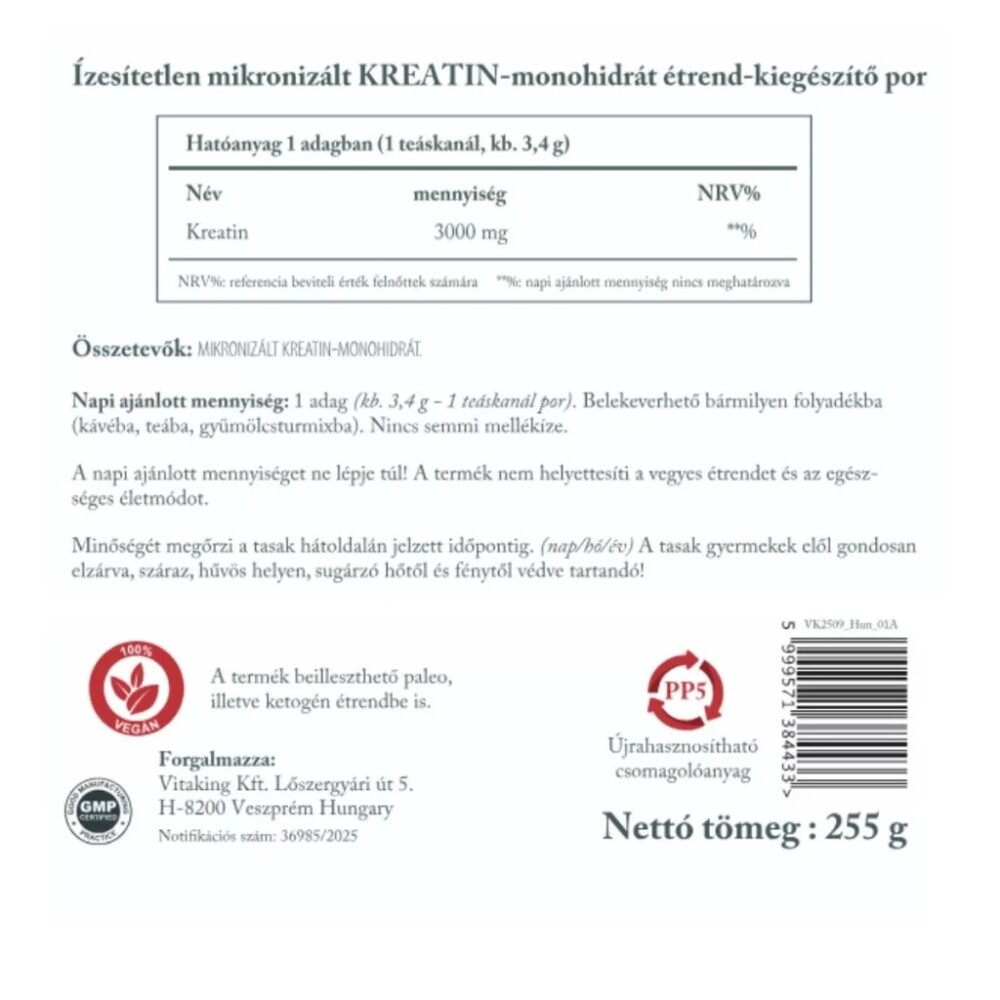 Vitaking Kreatin TASAKOS italpor - 255g 2 Vitaking Kreatin TASAKOS italpor - 255g - Image 2