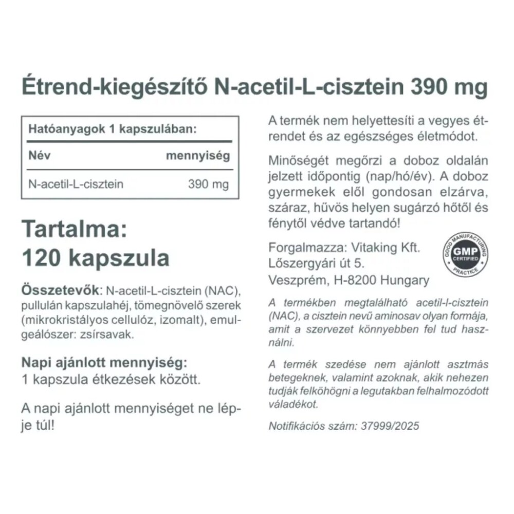 Vitaking NAC-390 N-Acetil L-Cisztein immunerősítő és nyákoldó kapszula - 120db 2 Vitaking NAC-390 N-Acetil L-Cisztein immunerősítő és nyákoldó kapszula - 120db - Image 2