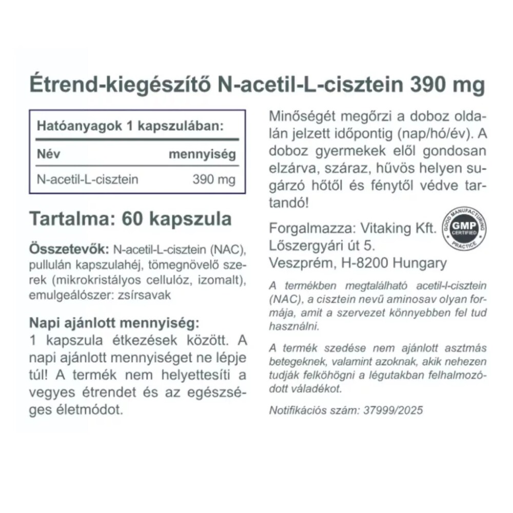 Vitaking NAC-390 N-Acetil L-Cisztein immunerősítő és nyákoldó kapszula - 60db 2 Vitaking NAC-390 N-Acetil L-Cisztein immunerősítő és nyákoldó kapszula - 60db - Image 2