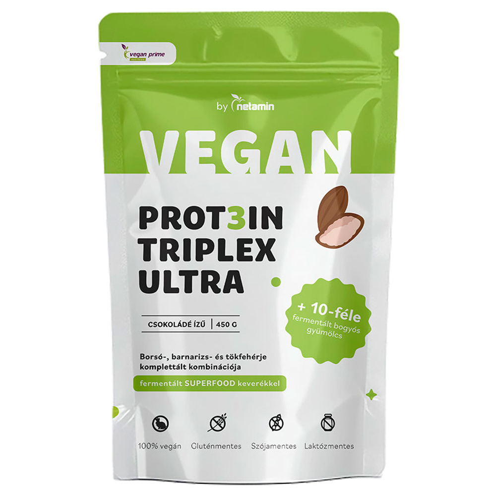 Netamin Vegan Prot3in Triplex Ultra csokoládé ízű fehérjepor Superfood keverékkel - 450g 1 Netamin Vegan Prot3in Triplex Ultra csokoládé ízű fehérjepor Superfood keverékkel - 450g