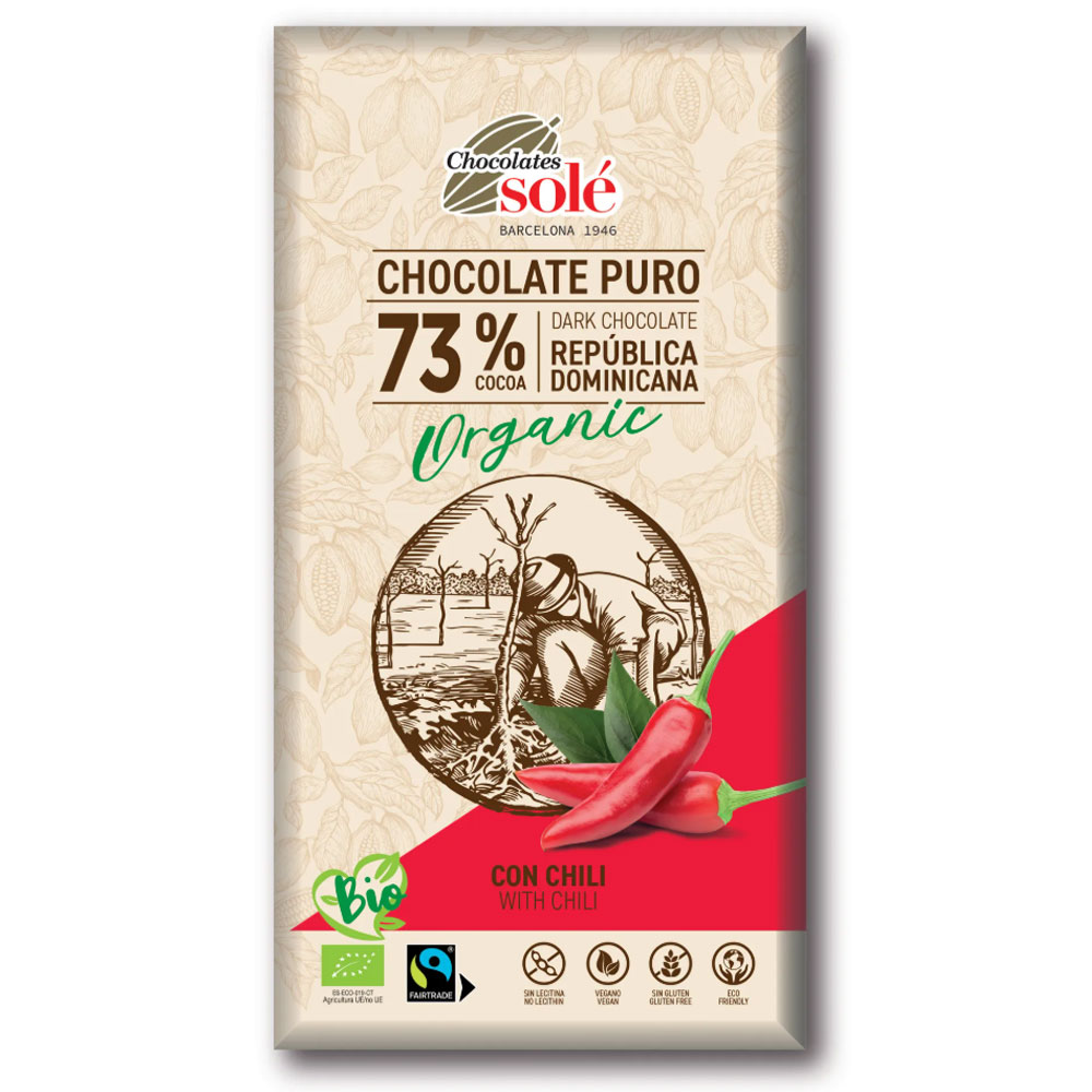 Chocolates Solé 73% Bio Chilis Étcsokoládé - 100g 1 Chocolates Solé 73% Bio Chilis Étcsokoládé - 100g
