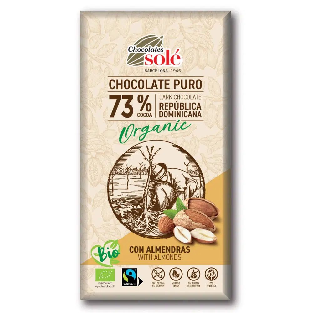 Chocolates Solé 73% Bio Mandulás Étcsokoládé - 150g 1 Chocolates Solé 73% Bio Mandulás Étcsokoládé - 150g