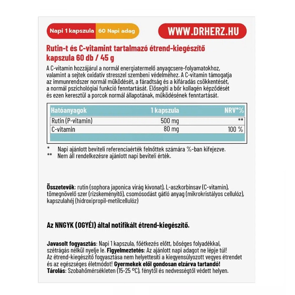 Dr. Herz Rutin 500mg + C-vitaminnal kapszula - 60db 2 Dr. Herz Rutin 500mg + C-vitaminnal kapszula