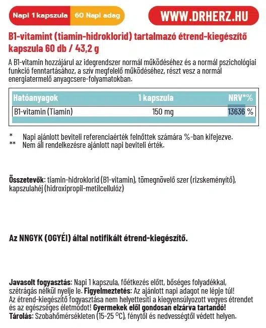 Dr. Herz B1-vitamin kapszula - 60db 2 Dr. Herz B1-vitamin kapszula - 60db - Image 2