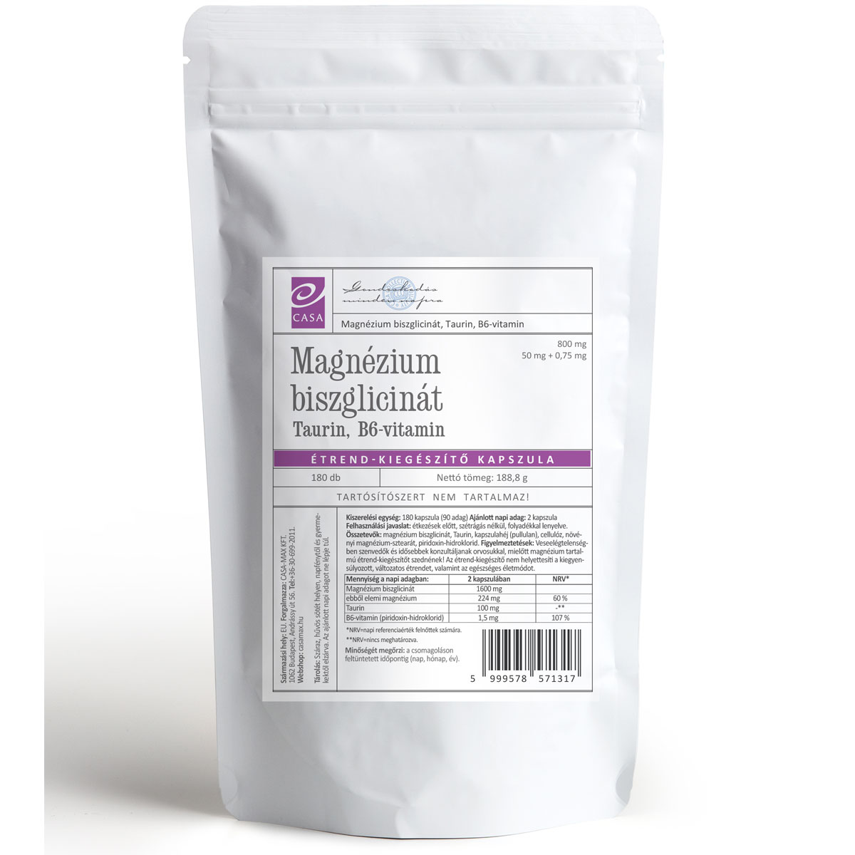 Casa Magnézium Biszglicinát+Taurin+B6-vitamin kapszula - 180db 1 Casa Magnézium Biszglicinát+Taurin+B6-vitamin kapszula - 180db