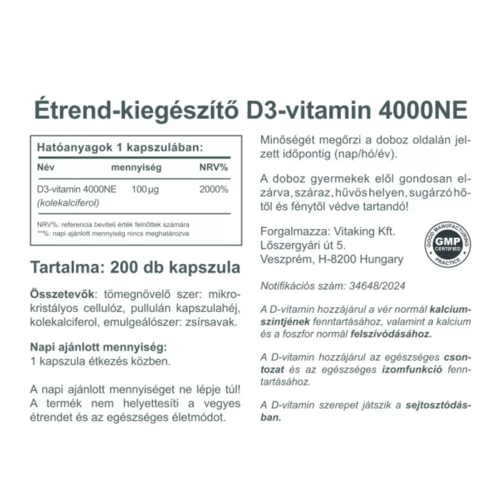 Vitaking D3-vitamin D-4000NE kapszula - 200db 2 Vitaking D3-vitamin D-4000NE kapszula - 200db - Image 2