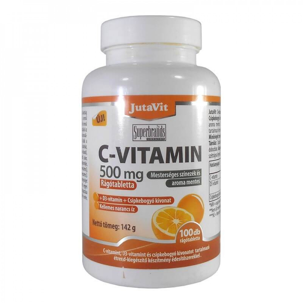 Jutavit C-vitamin 500mg + D3-vitamin 2000NE narancs ízű rágótabletta - 100db 1 JutaVit C-vitamin 500mg rágótabletta+D3+csipkeb.kivonat (narancs) 100 db