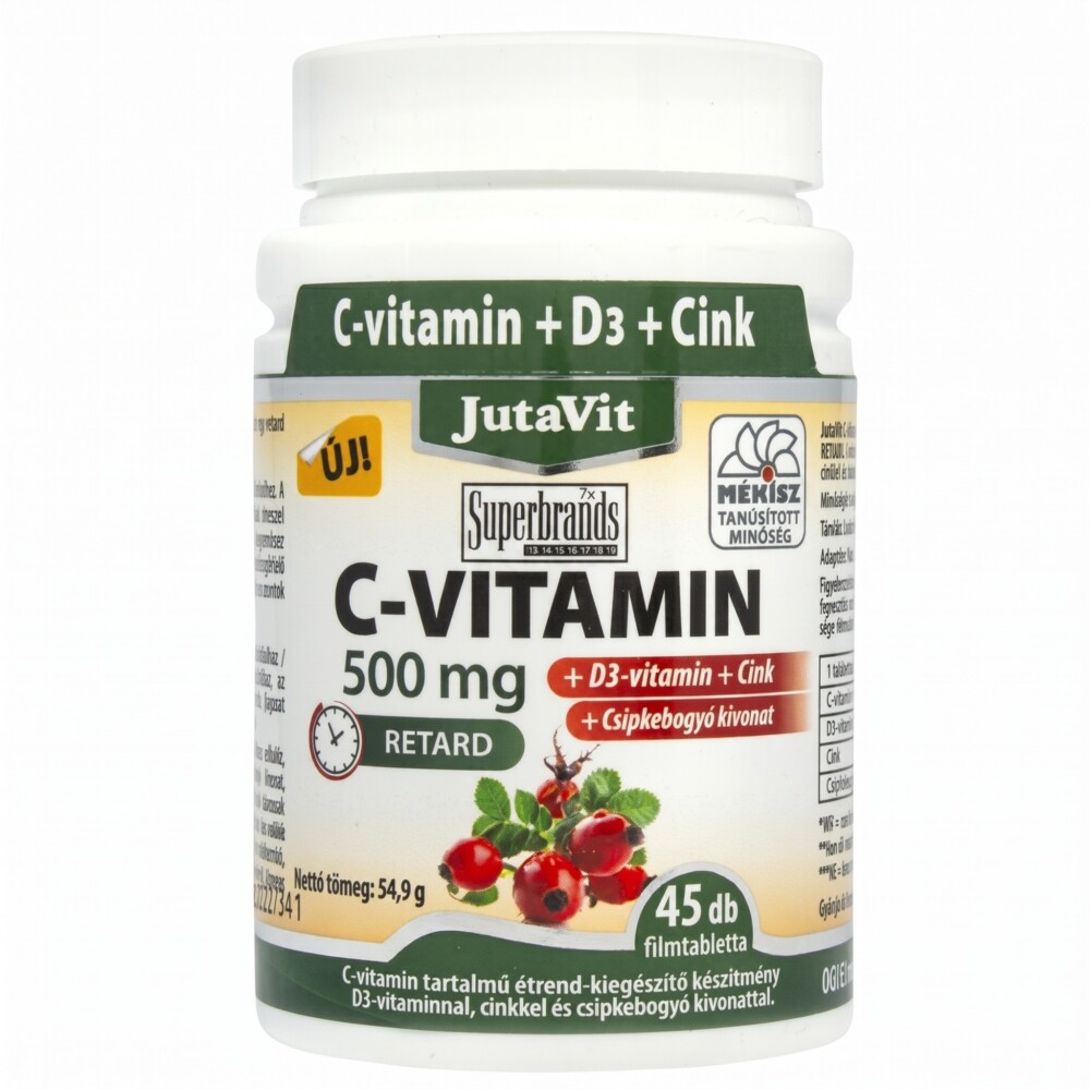 Jutavit C-vitamin 500mg + D3 + Cink RETARD tabletta – 45db 1 Jutavit c-vitamin+d3 500 mg tabletta 45 db