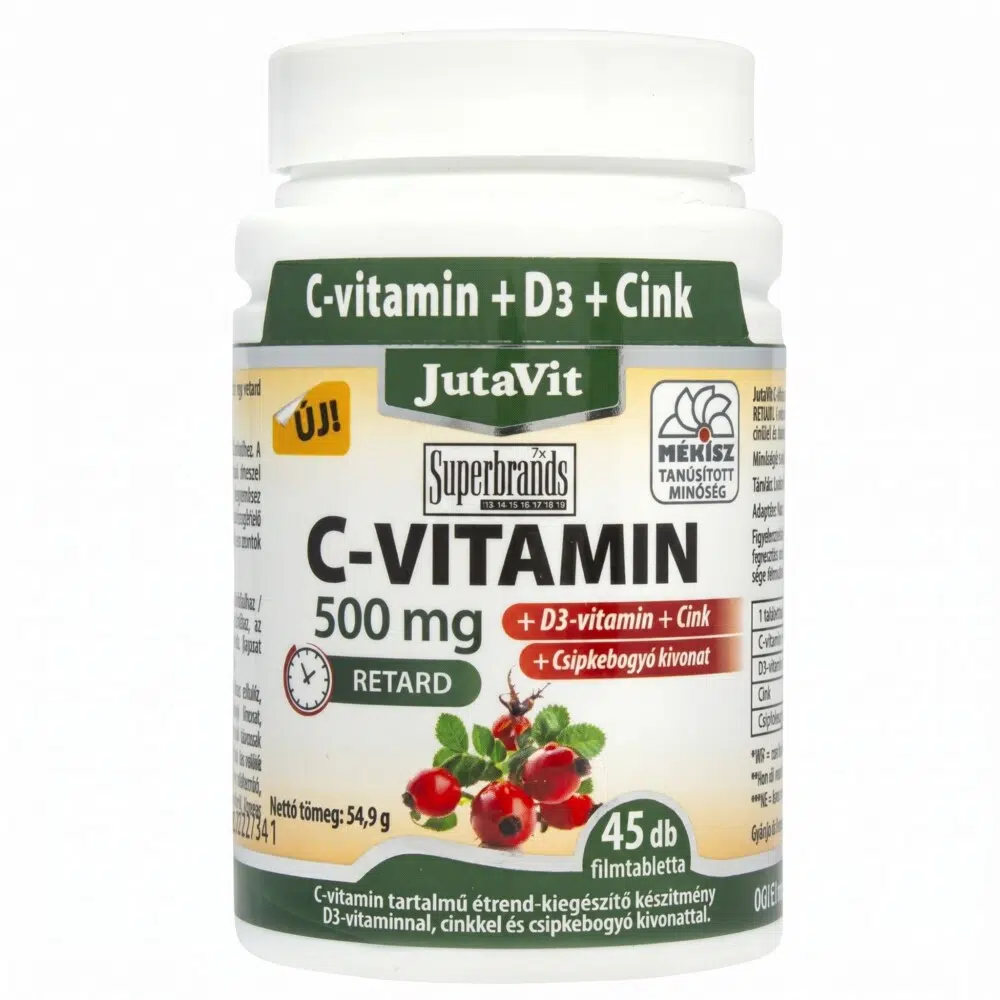 Jutavit C-vitamin 500mg + D3 + Cink RETARD tabletta – 45db 1 Jutavit c-vitamin+d3 500 mg tabletta 45 db