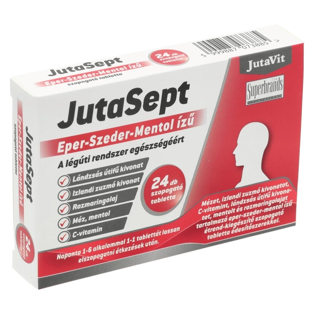 Jutavit Jutasept eper-szeder-mentol ízű szopogató tabletta - 24db 1 Jutavit Jutasept eper-szeder-mentol ízű szopogató tabletta 24db