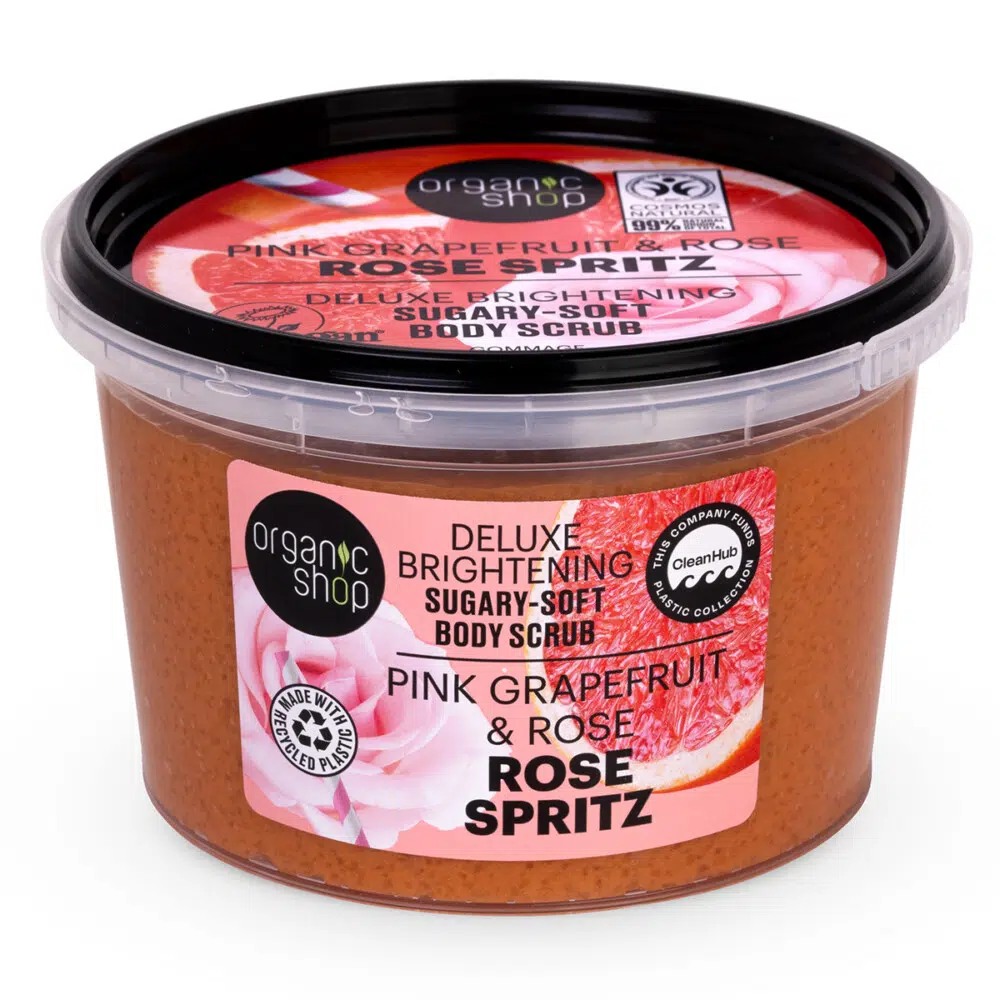 Organic Shop Rose Spritz Luxus ragyogásfokozó testradír grapefruittal és rózsával - 250ml 1 Organic Shop Rose Spritz Luxus ragyogásfokozó testradír grapefruittal és rózsával - 250ml