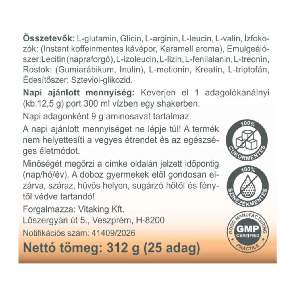 Vitaking Aminosav Komplex karamell-kávé ízű italpor - 312g 2 Vitaking Aminosav Komplex karamell-kávé ízű italpor - 312g - Image 2