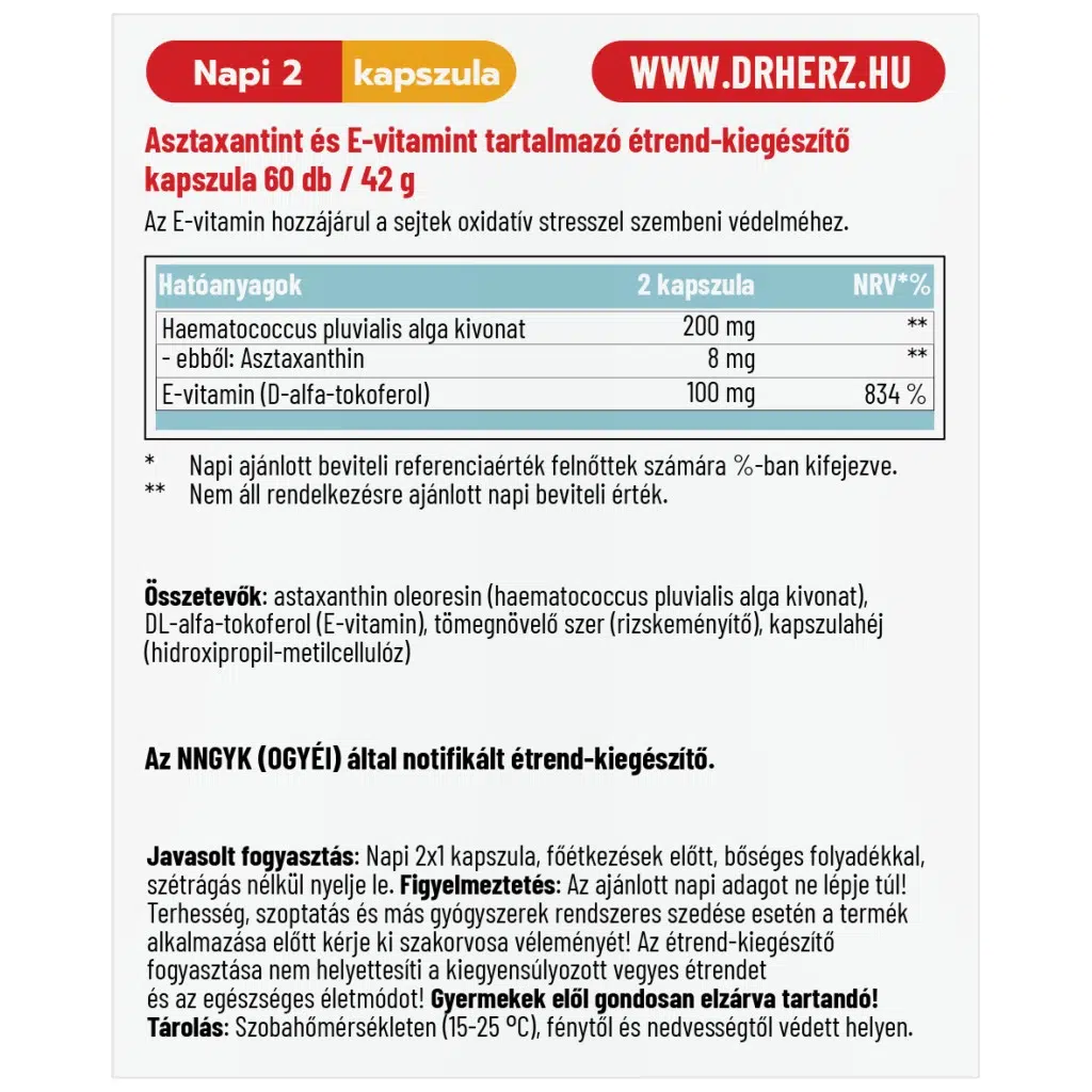 Dr. Herz Astaxanthin + E-vitamin kapszula - 60db 2 Dr. Herz Astaxanthin + E-vitamin kapszula
