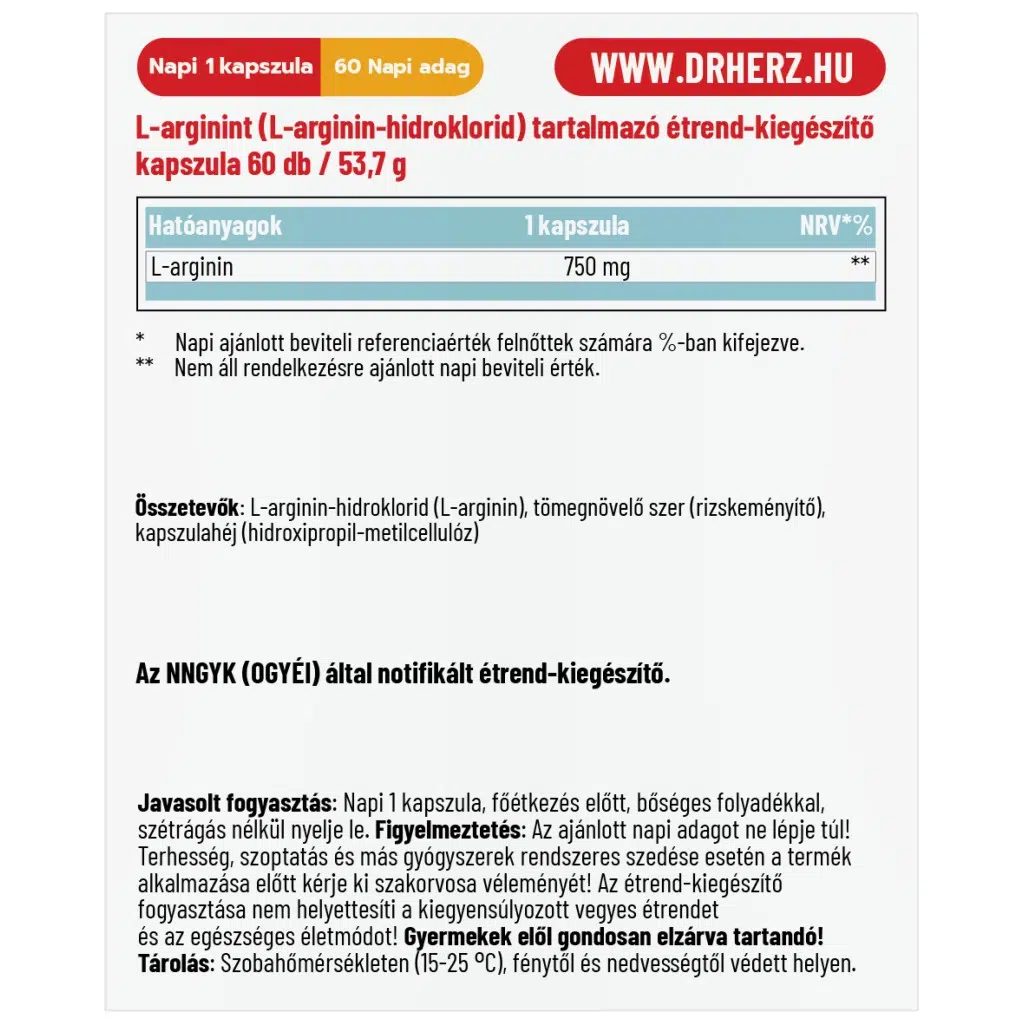 Dr. Herz L-arginin HCL 750mg kapszula - 60db 2 Dr. Herz L-arginin HCL 750mg kapszula